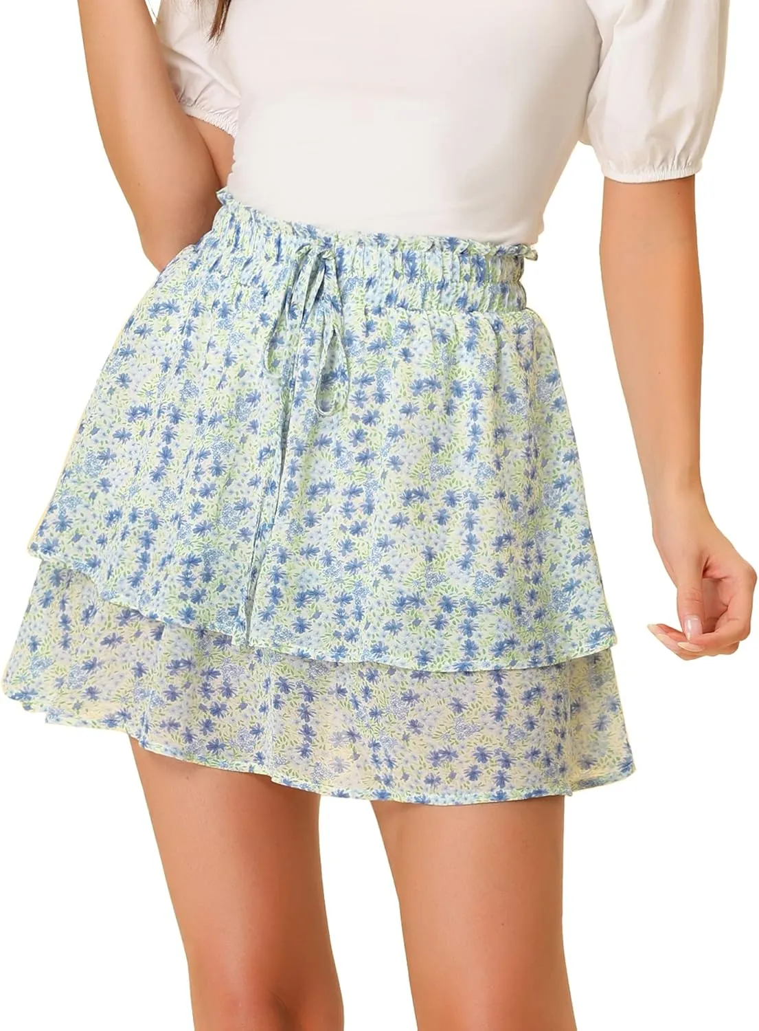 Allegra K 2024 Summer Floral Skirts for Women's Smocked Waist Ruffle Hem Layered Mini Chiffon Skirt