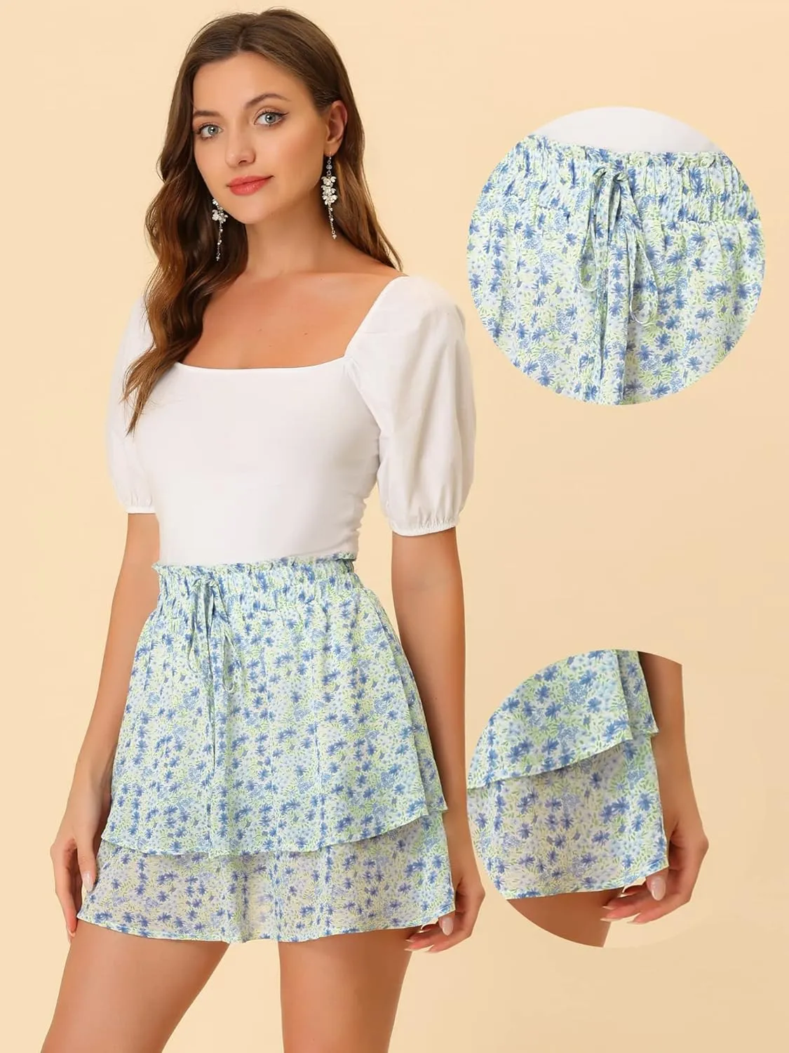 Allegra K 2024 Summer Floral Skirts for Women's Smocked Waist Ruffle Hem Layered Mini Chiffon Skirt