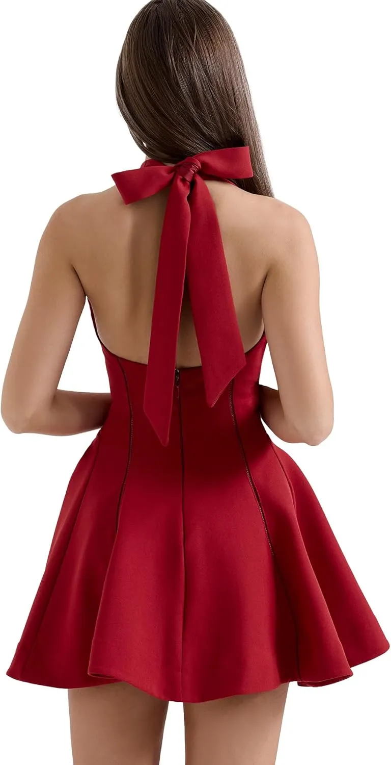 BORIFLORS Women's Sexy Halter Backless Corset Mini Dress Elegant Square Neck Club Party Short Dresses