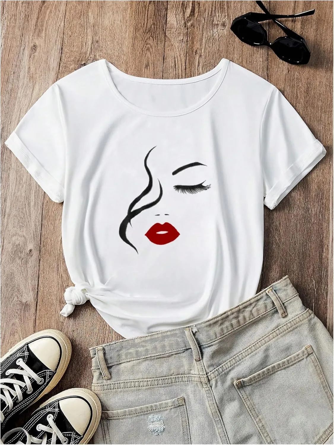 COZYEASE Women's Crewneck Graphic Tees Drop Shoulder Short Sleeve Summer Tee Shirts