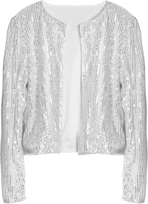 ESTAMICO Women Open Front Sequin Jackets Fashion Long Sleeve Glitter Party Bomber Coat