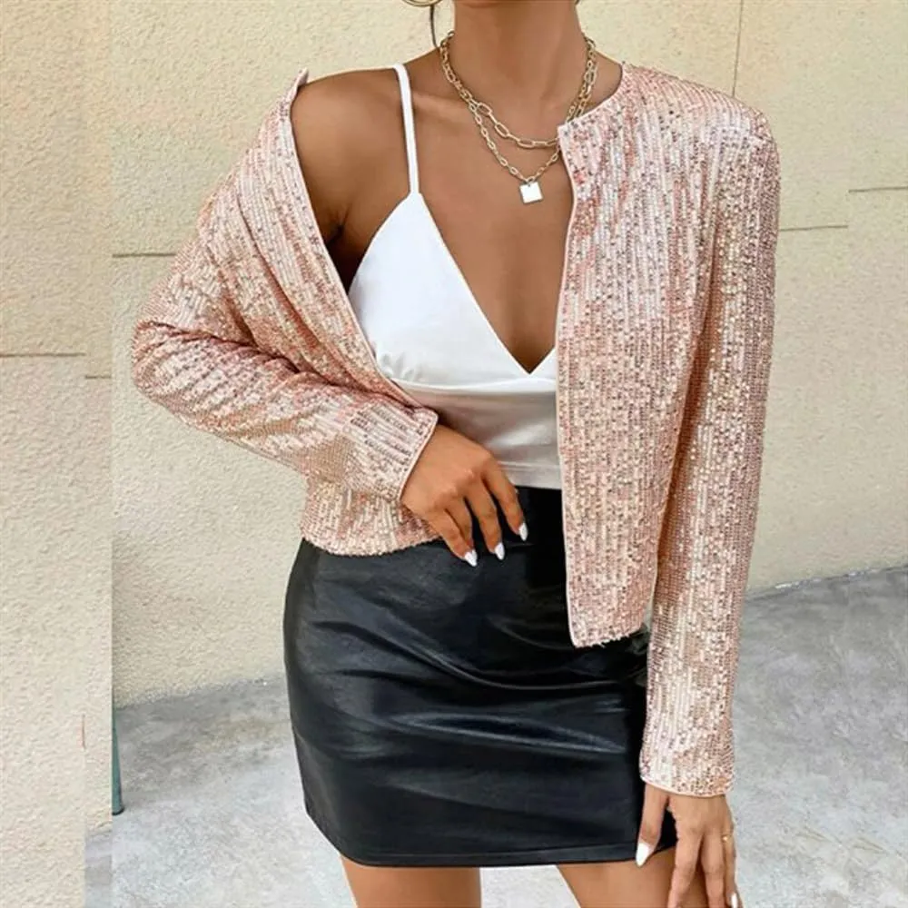 ESTAMICO Women Open Front Sequin Jackets Fashion Long Sleeve Glitter Party Bomber Coat