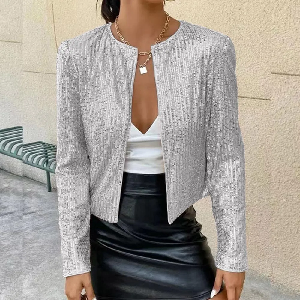 ESTAMICO Women Open Front Sequin Jackets Fashion Long Sleeve Glitter Party Bomber Coat