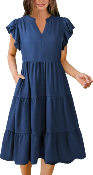 Hount Women's Summer Casual Dress 2025 V Neck Short Sleeve Midi Sundress Party Dress Flowy Tiered Beach Dresses with Pockets