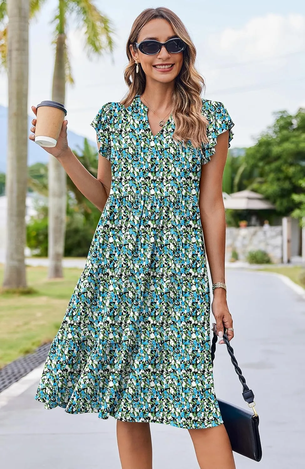 Hount Women's Summer Casual Dress 2025 V Neck Short Sleeve Midi Sundress Party Dress Flowy Tiered Beach Dresses with Pockets