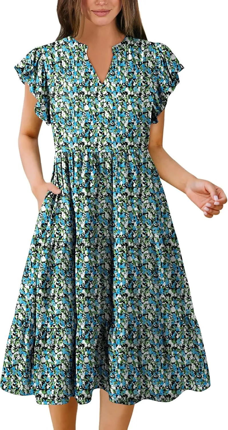 Hount Women's Summer Casual Dress 2025 V Neck Short Sleeve Midi Sundress Party Dress Flowy Tiered Beach Dresses with Pockets