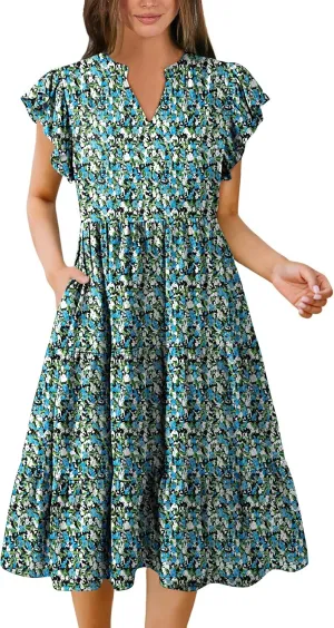 Hount Women's Summer Casual Dress 2025 V Neck Short Sleeve Midi Sundress Party Dress Flowy Tiered Beach Dresses with Pockets
