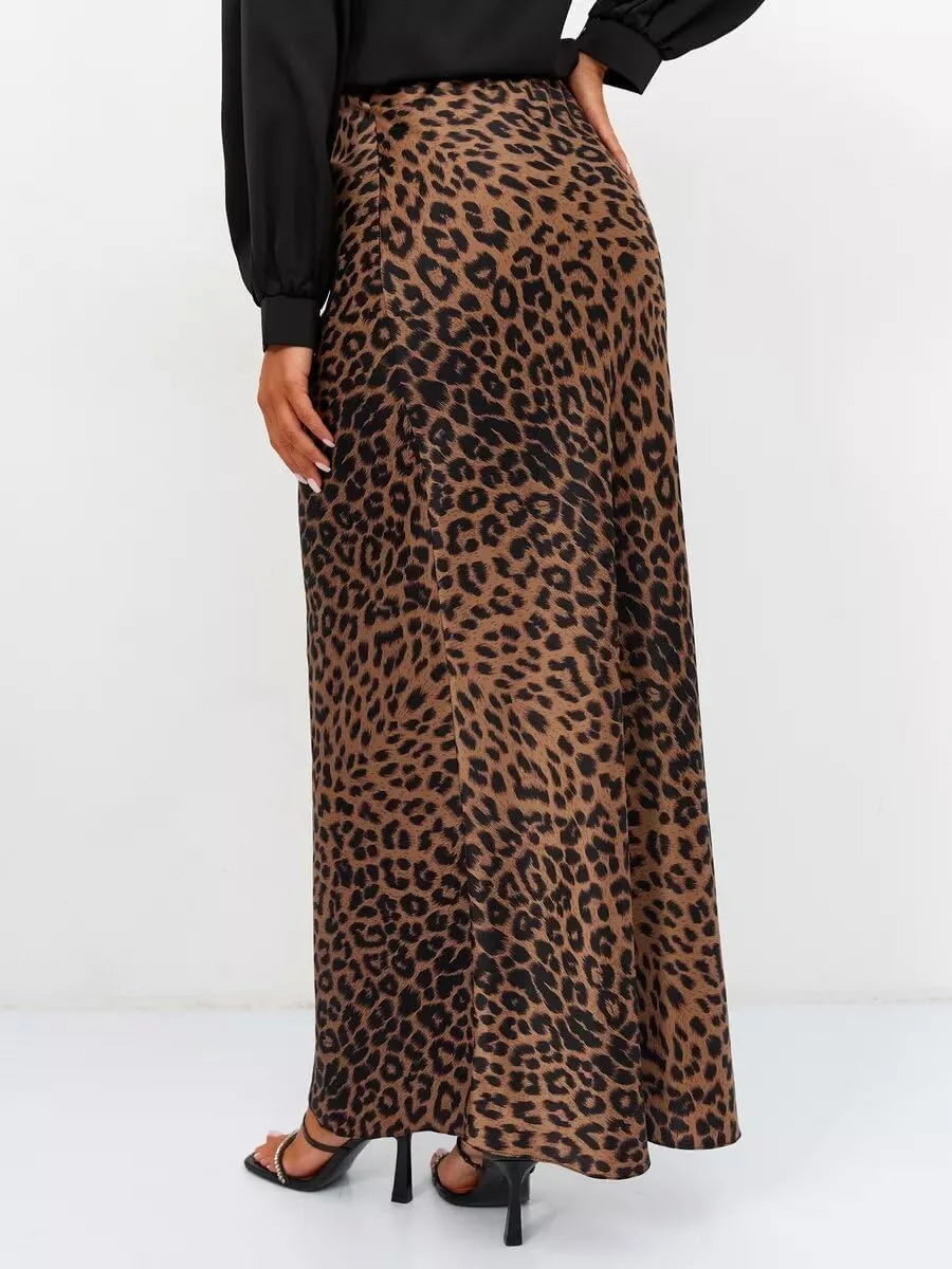 Islis Women's Slik Satin Leopard High Waist Wrap Elastic Waisted Maxi Long Skirt