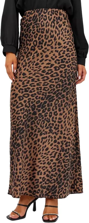 Islis Women's Slik Satin Leopard High Waist Wrap Elastic Waisted Maxi Long Skirt