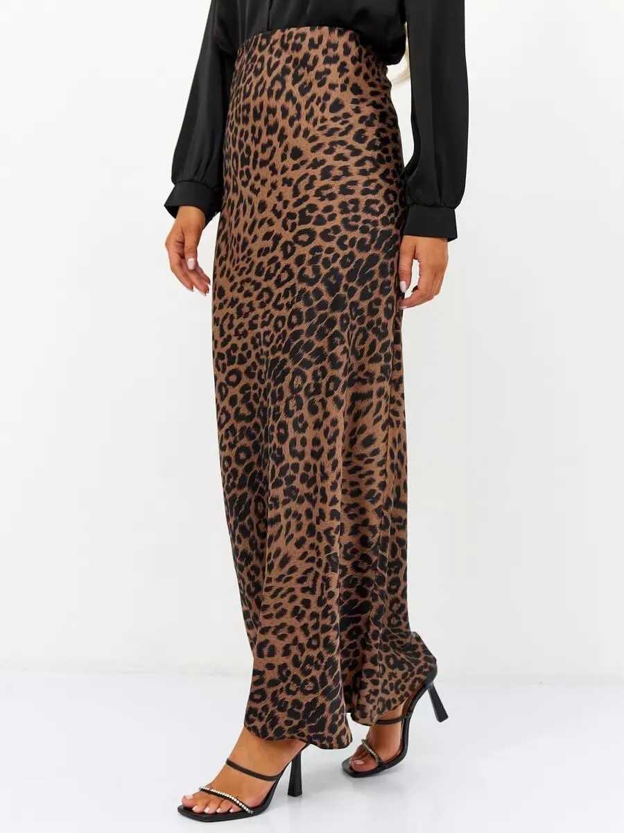 Islis Women's Slik Satin Leopard High Waist Wrap Elastic Waisted Maxi Long Skirt