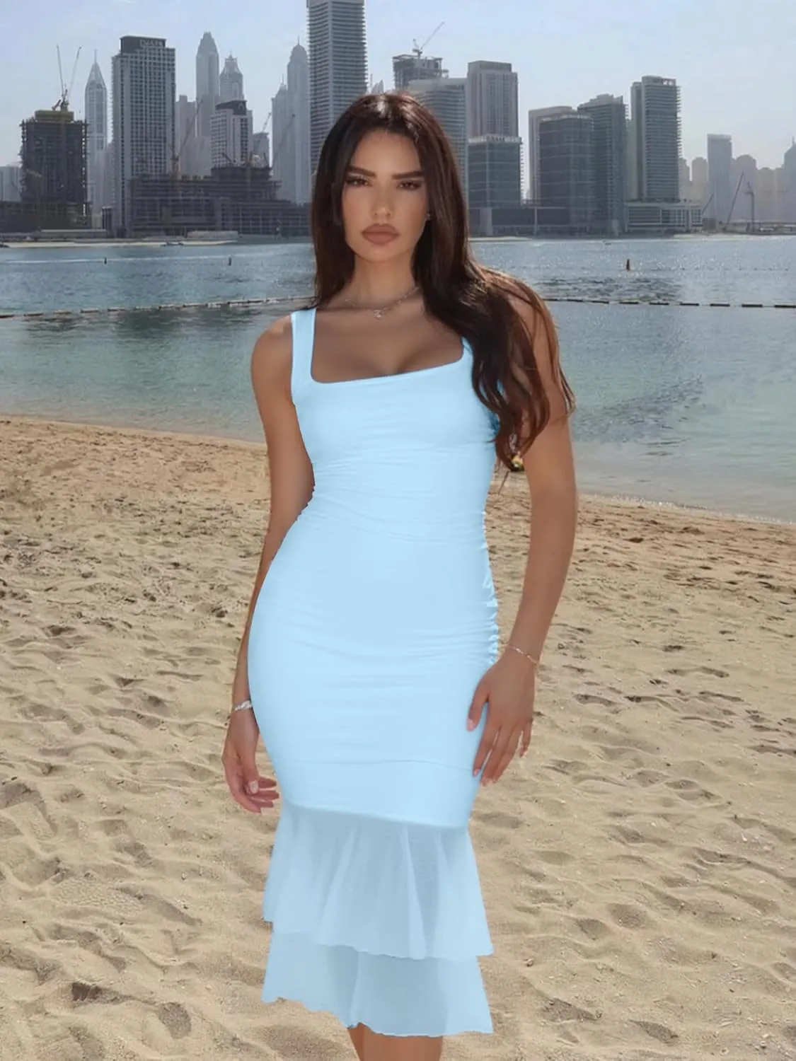 Kaximil Women's Sexy Bodycon Ruched Square Neck Midi Dresses Elegant Sleeveless Ruffle Cocktail Party Dress