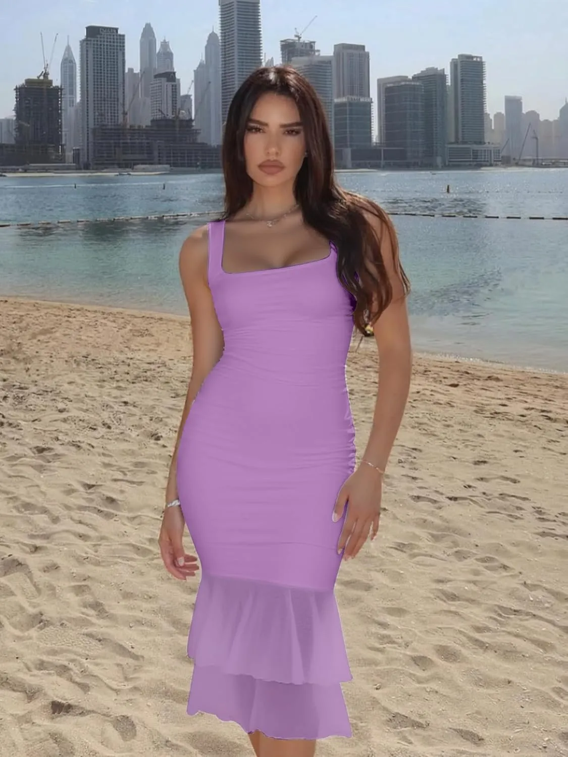 Kaximil Women's Sexy Bodycon Ruched Square Neck Midi Dresses Elegant Sleeveless Ruffle Cocktail Party Dress