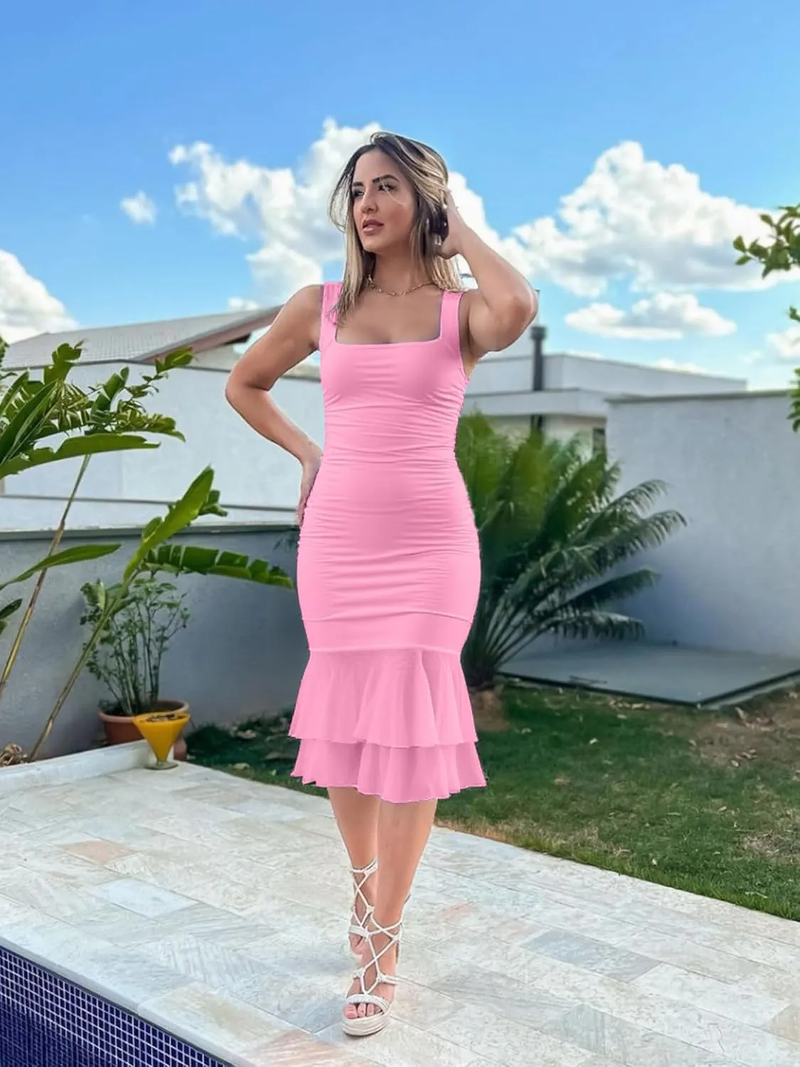 Kaximil Women's Sexy Bodycon Ruched Square Neck Midi Dresses Elegant Sleeveless Ruffle Cocktail Party Dress