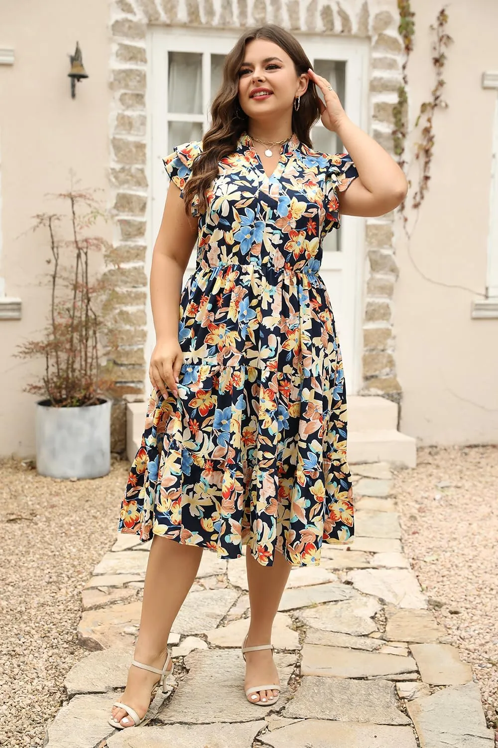 Keluummi Plus Size Wedding Guest Midi Dresses for Curvy Women, Summer Casual Floral Short Sleeve Work Sundress with Pockets