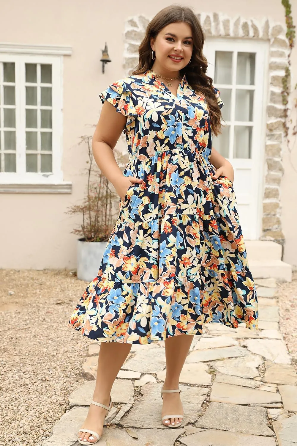 Keluummi Plus Size Wedding Guest Midi Dresses for Curvy Women, Summer Casual Floral Short Sleeve Work Sundress with Pockets