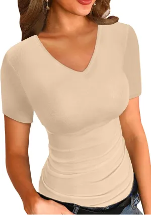 LOLONG T Shirts for Women Short/Long Sleeve V Neck Casual Ribbed Slim Fitted Tops