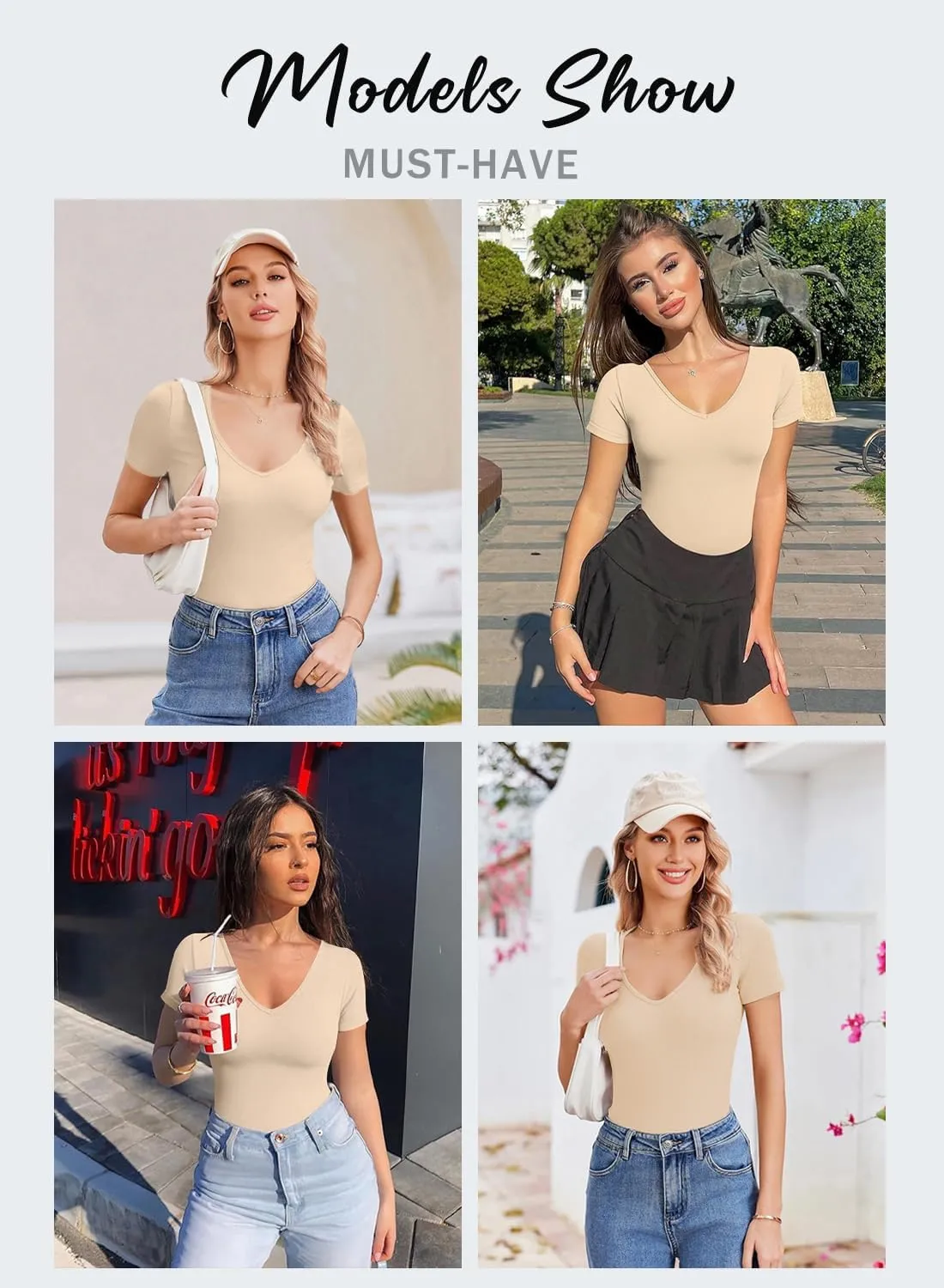 LOLONG T Shirts for Women Short/Long Sleeve V Neck Casual Ribbed Slim Fitted Tops