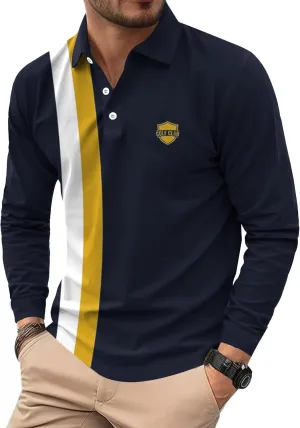 Mens Long Sleeve Polo Shirts Print Casual Vintage Classic Golf Shirt (S-XXL)