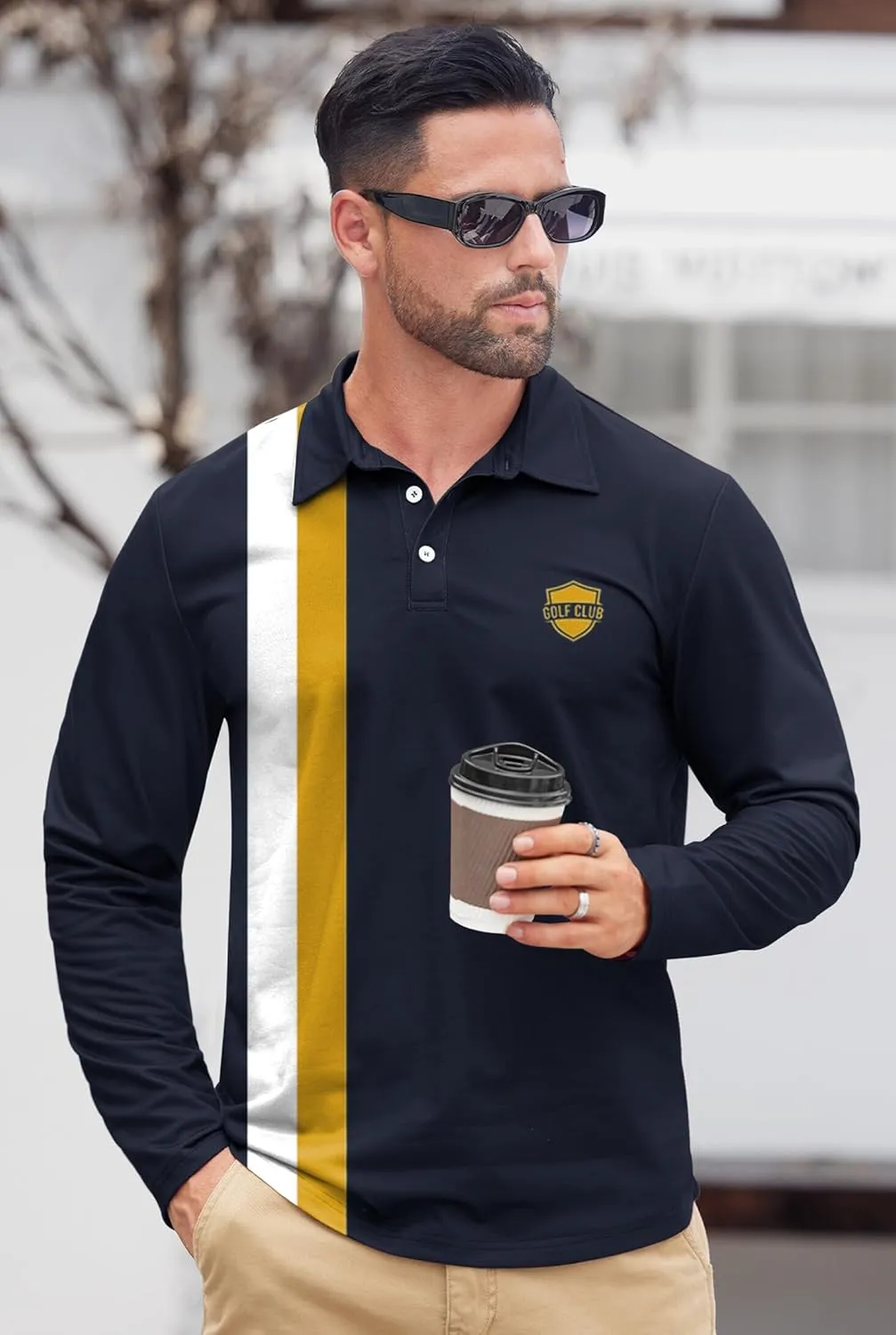 Mens Long Sleeve Polo Shirts Print Casual Vintage Classic Golf Shirt (S-XXL)