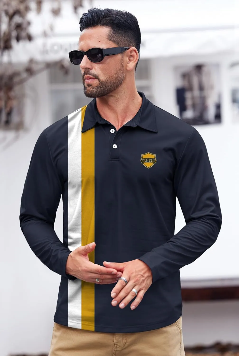 Mens Long Sleeve Polo Shirts Print Casual Vintage Classic Golf Shirt (S-XXL)