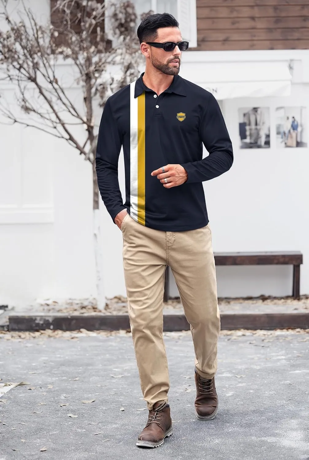 Mens Long Sleeve Polo Shirts Print Casual Vintage Classic Golf Shirt (S-XXL)