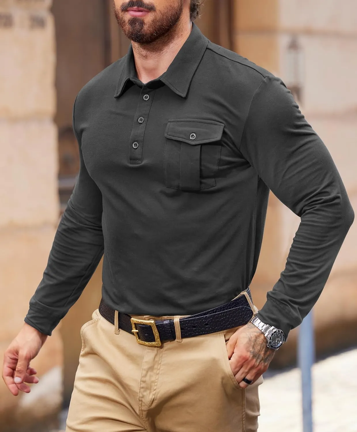 Mens Polo Shirt Cotton Collared Long Sleeve with Pocket Classic Solid Color Button Shirts (S-XXL)