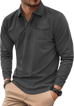 Mens Polo Shirt Cotton Collared Long Sleeve with Pocket Classic Solid Color Button Shirts (S-XXL)