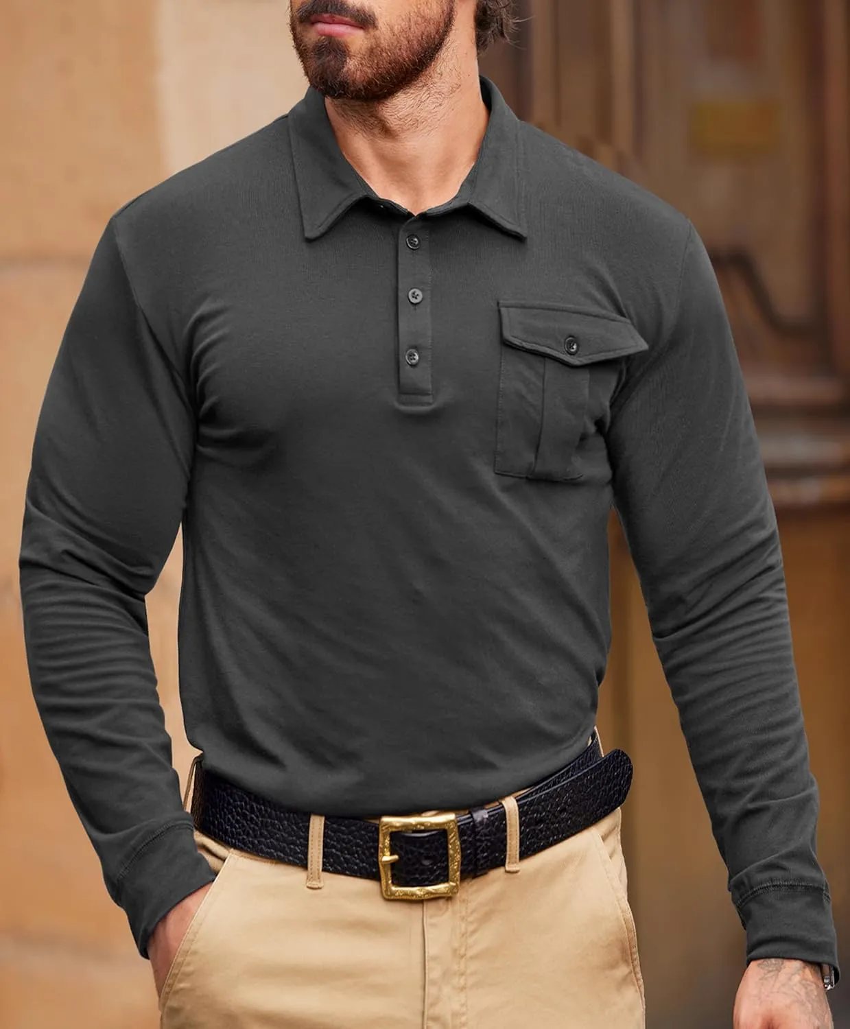 Mens Polo Shirt Cotton Collared Long Sleeve with Pocket Classic Solid Color Button Shirts (S-XXL)
