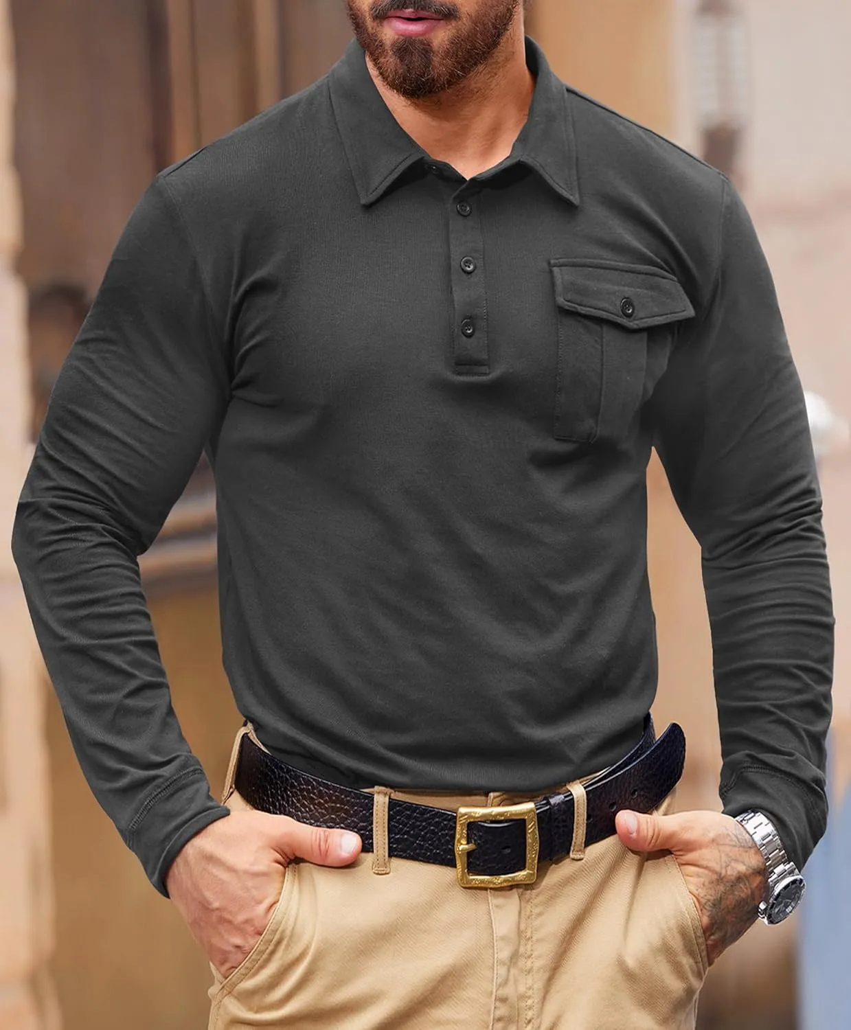 Mens Polo Shirt Cotton Collared Long Sleeve with Pocket Classic Solid Color Button Shirts (S-XXL)