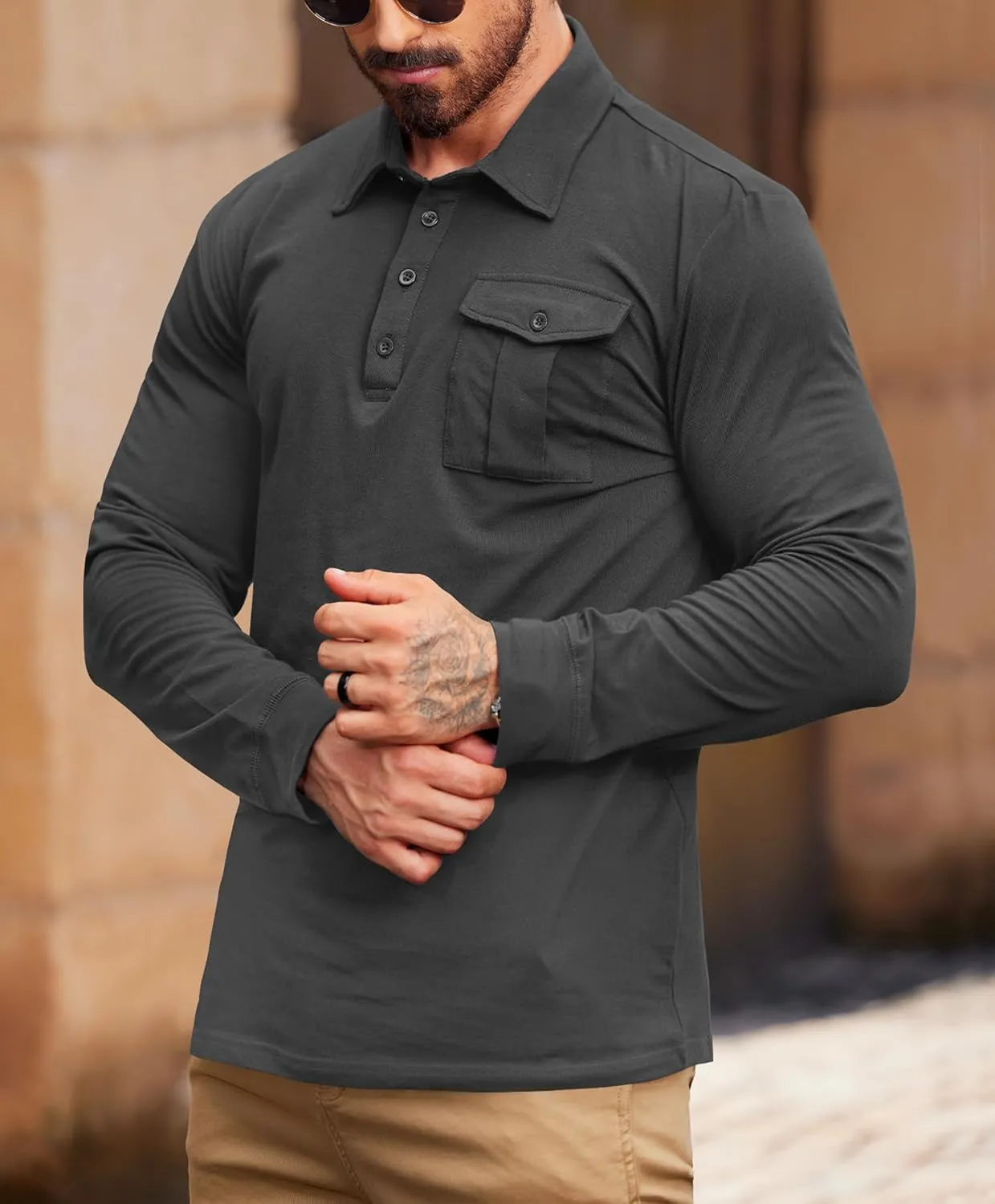 Mens Polo Shirt Cotton Collared Long Sleeve with Pocket Classic Solid Color Button Shirts (S-XXL)
