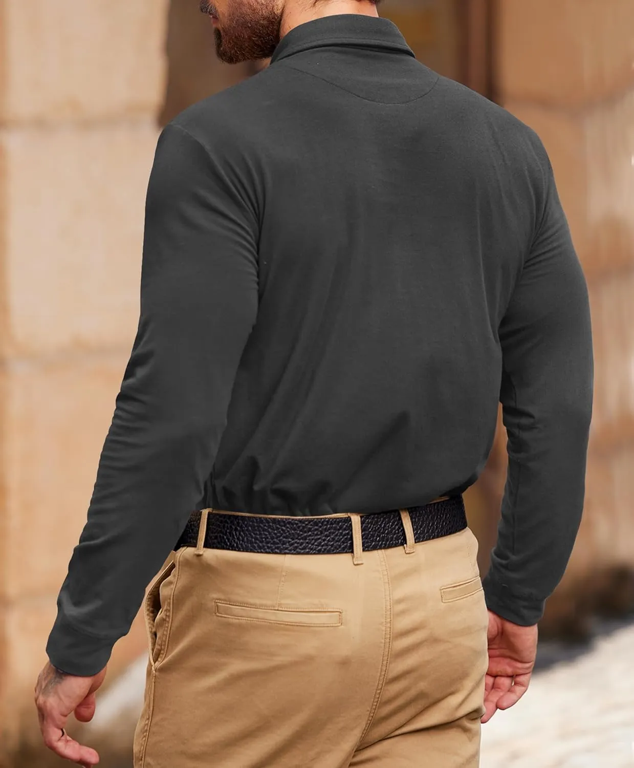 Mens Polo Shirt Cotton Collared Long Sleeve with Pocket Classic Solid Color Button Shirts (S-XXL)