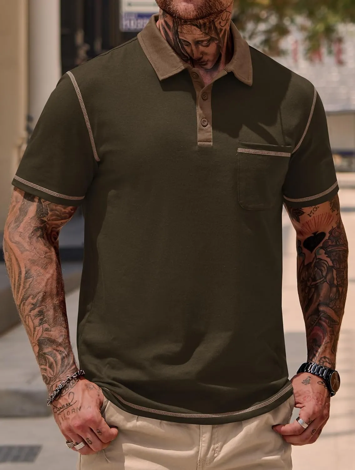 Mens Polo Shirts Casual Color Block Collar Short Sleeve Shirt with Pocket (S-XXL)