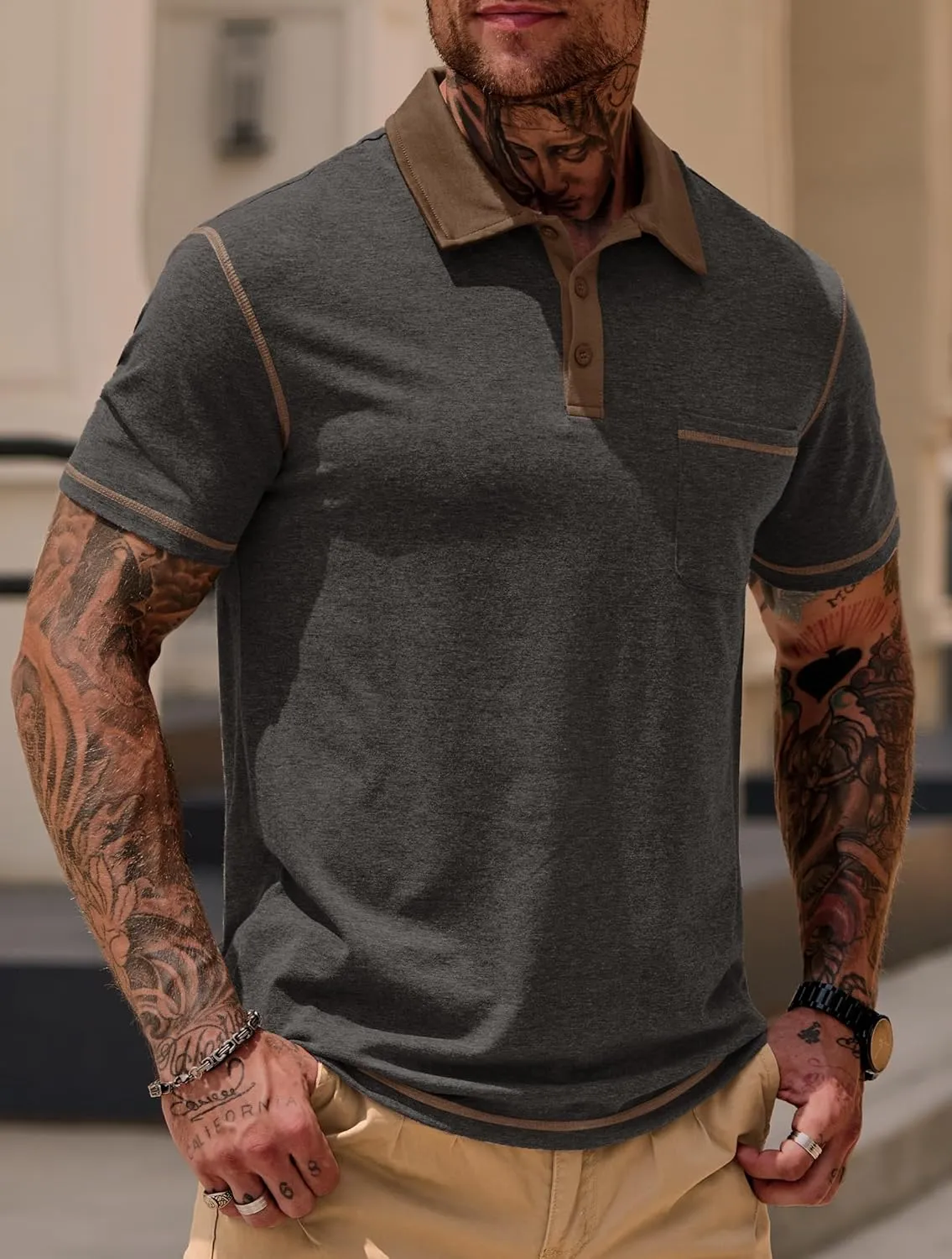 Mens Polo Shirts Casual Color Block Collar Short Sleeve Shirt with Pocket (S-XXL)