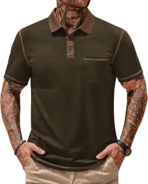 Mens Polo Shirts Casual Color Block Collar Short Sleeve Shirt with Pocket (S-XXL)