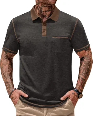 Mens Polo Shirts Casual Color Block Collar Short Sleeve Shirt with Pocket (S-XXL)