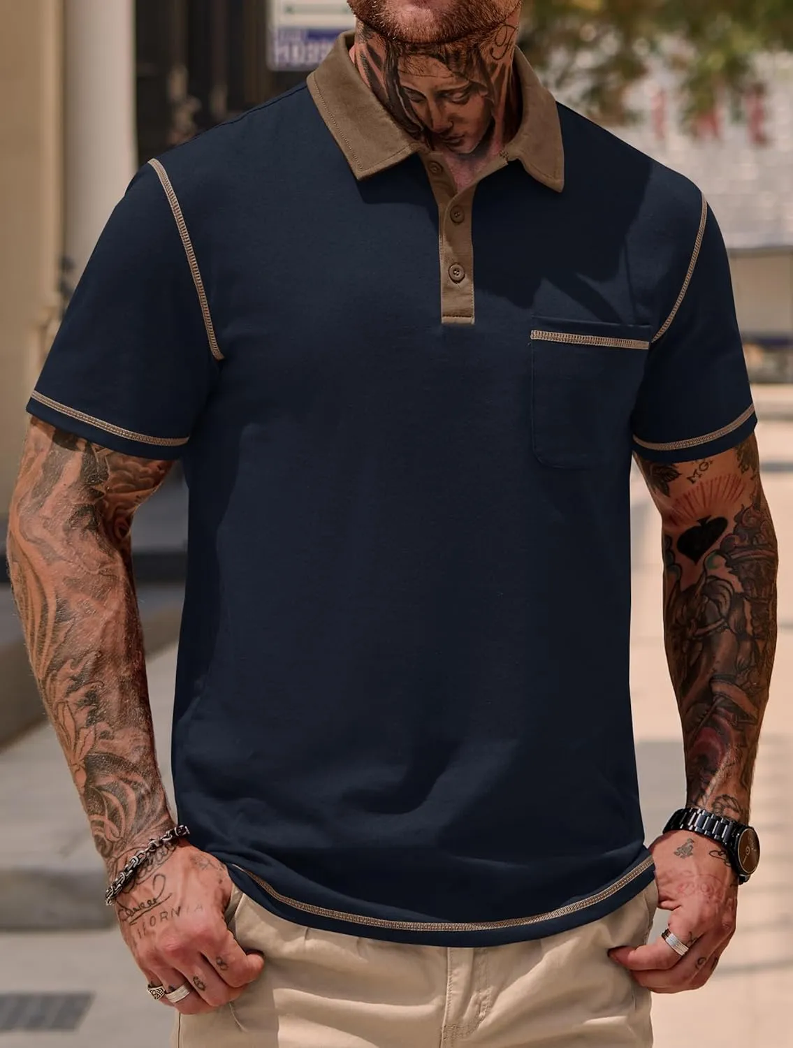 Mens Polo Shirts Casual Color Block Collar Short Sleeve Shirt with Pocket (S-XXL)