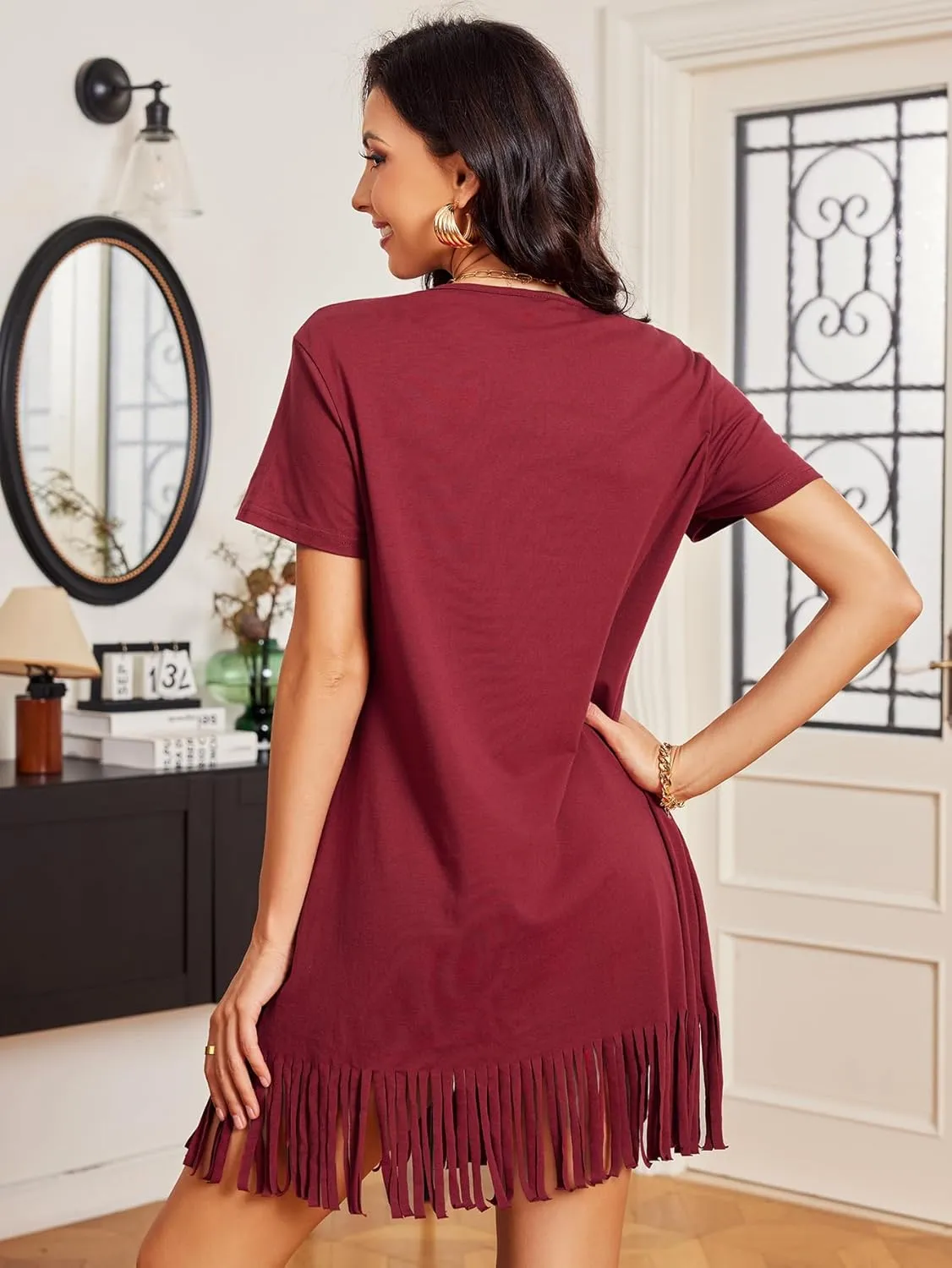 Milumia Women Casual Fringe Hem T Shirt Dress Short Sleeve Round Neck Tee Dress