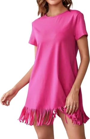 Milumia Women Casual Fringe Hem T Shirt Dress Short Sleeve Round Neck Tee Dress