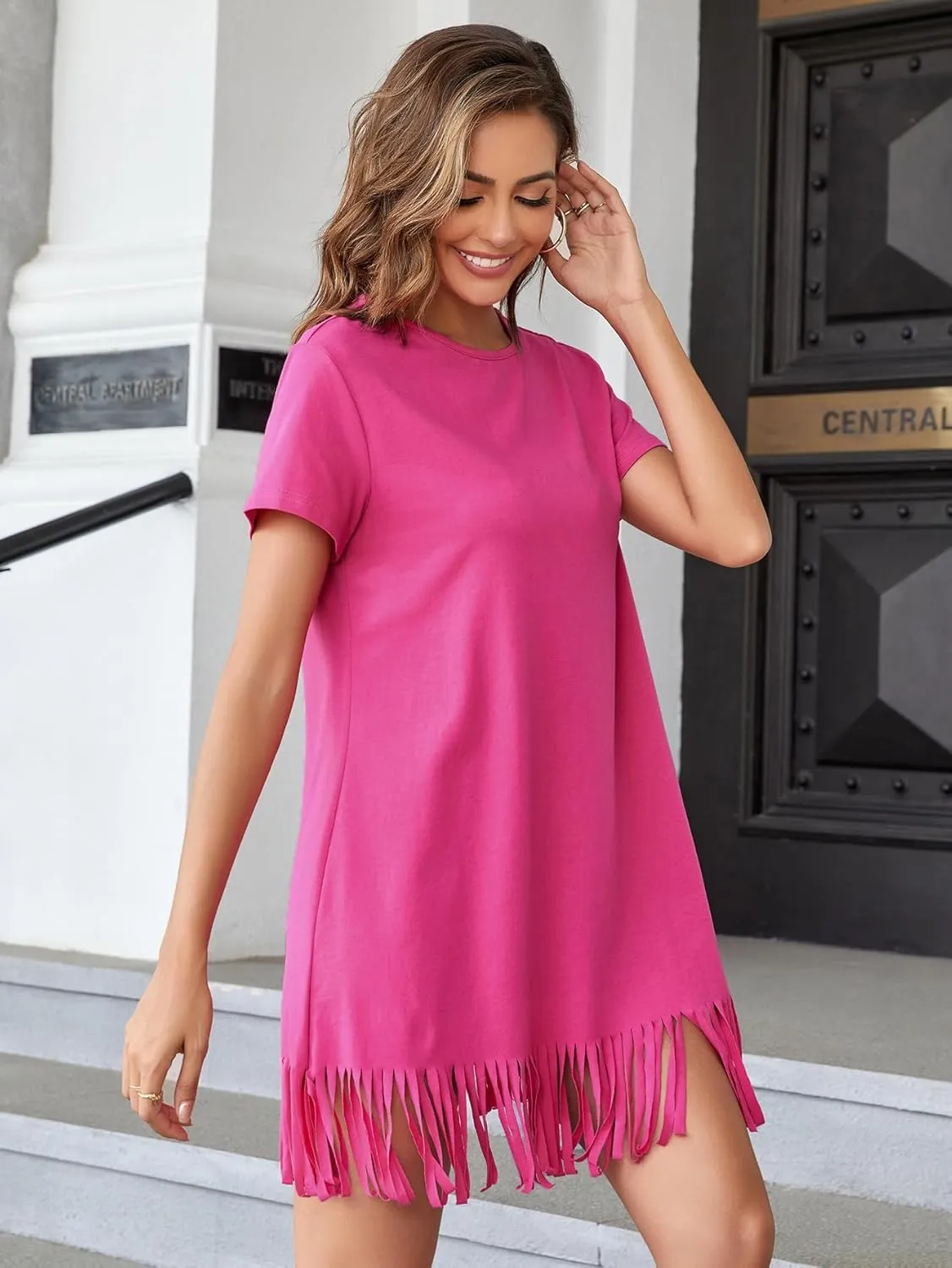 Milumia Women Casual Fringe Hem T Shirt Dress Short Sleeve Round Neck Tee Dress