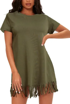 Milumia Women Casual Fringe Hem T Shirt Dress Short Sleeve Round Neck Tee Dress