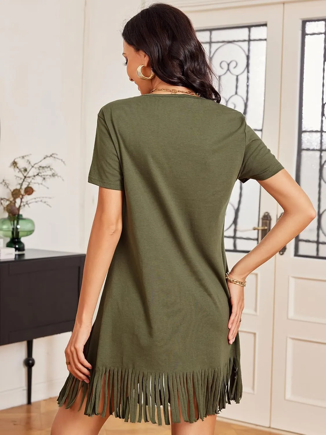 Milumia Women Casual Fringe Hem T Shirt Dress Short Sleeve Round Neck Tee Dress