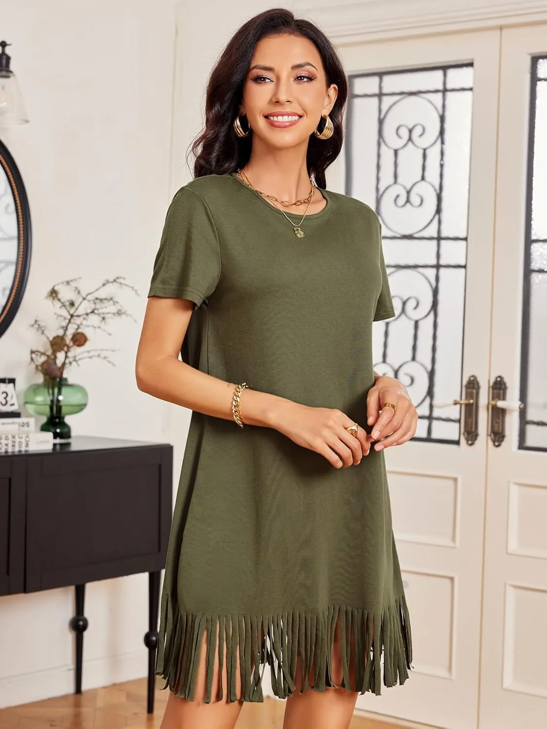 Milumia Women Casual Fringe Hem T Shirt Dress Short Sleeve Round Neck Tee Dress
