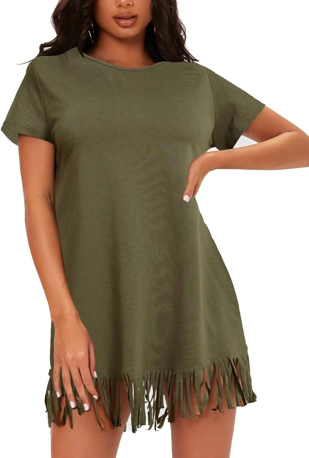Milumia Women Casual Fringe Hem T Shirt Dress Short Sleeve Round Neck Tee Dress