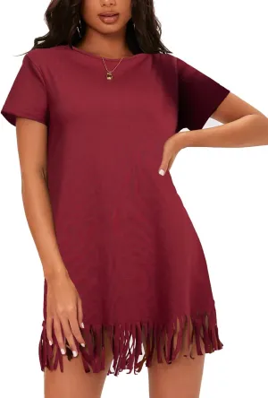 Milumia Women Casual Fringe Hem T Shirt Dress Short Sleeve Round Neck Tee Dress