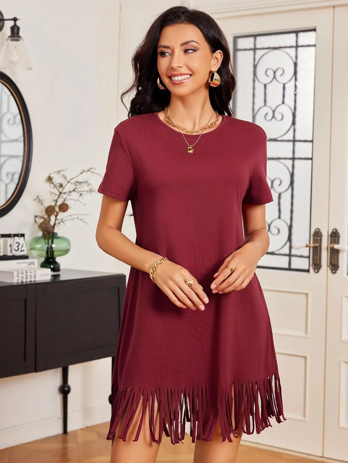 Milumia Women Casual Fringe Hem T Shirt Dress Short Sleeve Round Neck Tee Dress
