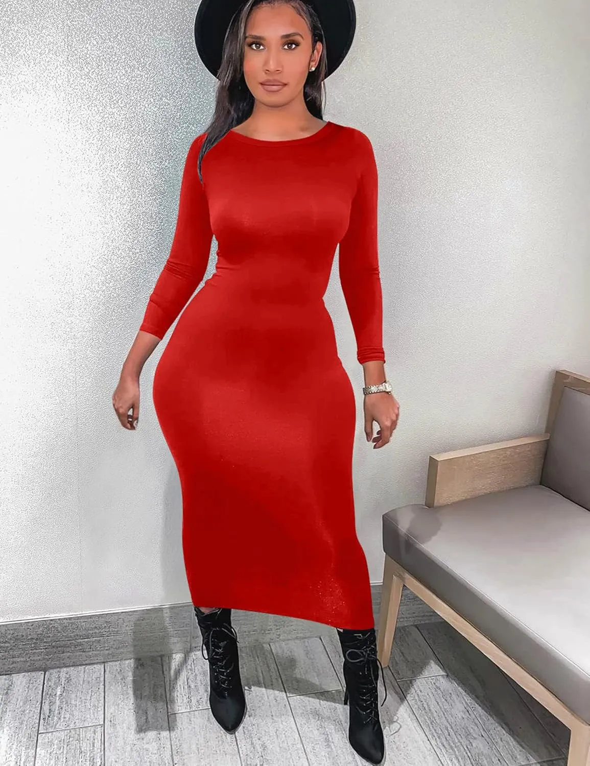 Mokoru Women's Casual Bodycon Long Sleeve Sexy Tight Club Party Midi Pencil Dresses