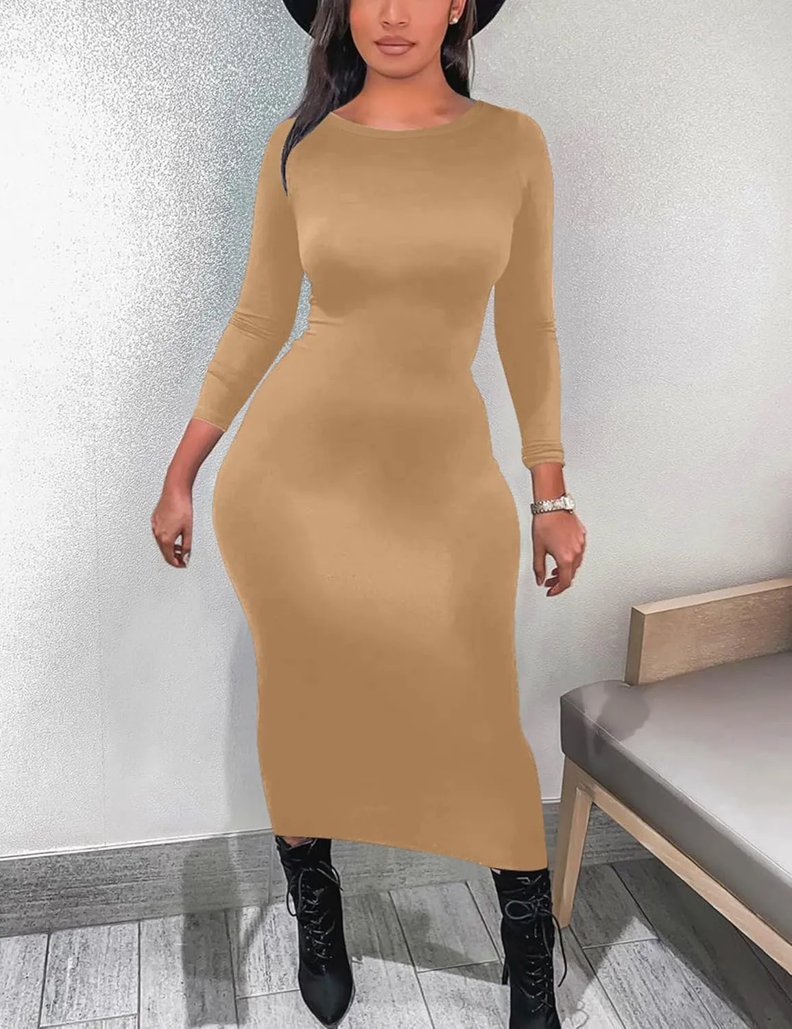 Mokoru Women's Casual Bodycon Long Sleeve Sexy Tight Club Party Midi Pencil Dresses