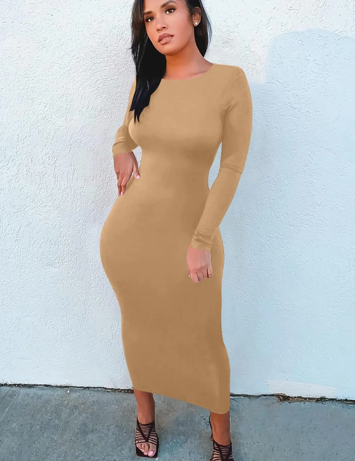 Mokoru Women's Casual Bodycon Long Sleeve Sexy Tight Club Party Midi Pencil Dresses