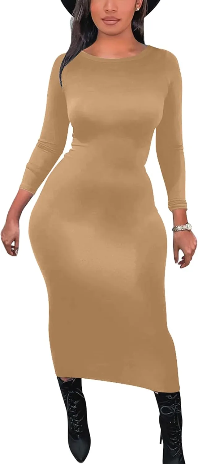 Mokoru Women's Casual Bodycon Long Sleeve Sexy Tight Club Party Midi Pencil Dresses