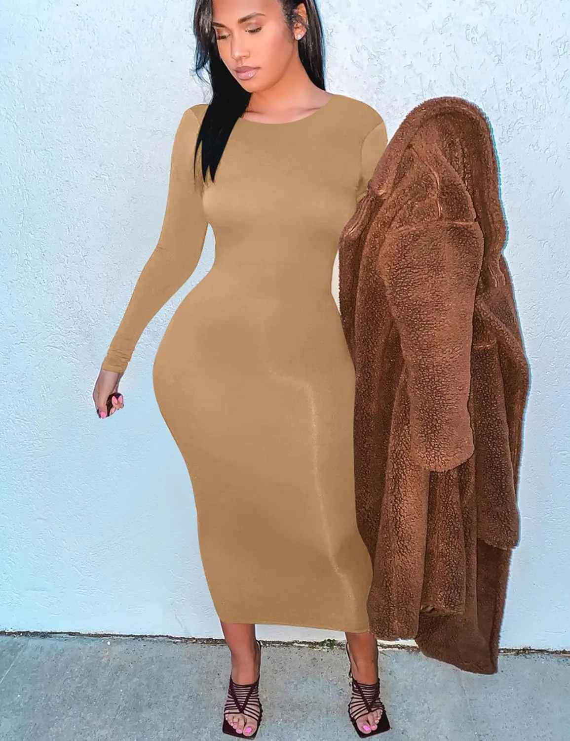 Mokoru Women's Casual Bodycon Long Sleeve Sexy Tight Club Party Midi Pencil Dresses